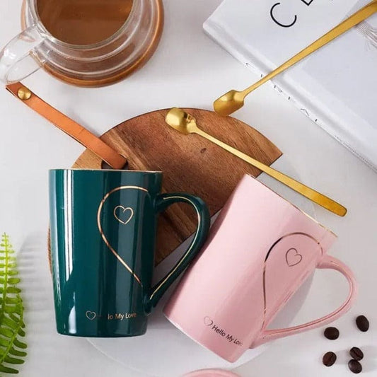 Heart Pattern Ceramic Mug Set, Love Sign Ceramic Couple Mug Set, Love Heart Mug, Couple Cup Ceramic Mugs, Creative Mug With Lid And Spoon, Luxury Marble Ceramic Coffee Cups