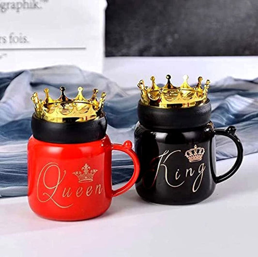 Gold Crown Mug Set, King Queen Ceramic Mug, Royal Coffee Tea Cups with Lid
