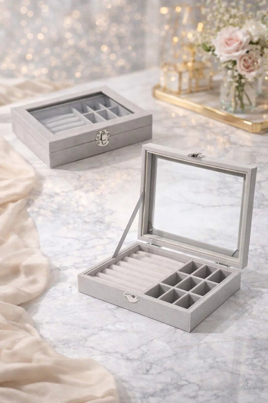 Premium Multi‑Compartment Jewelry Organizer – Glass Top Ring & Earrings Display Storage Box