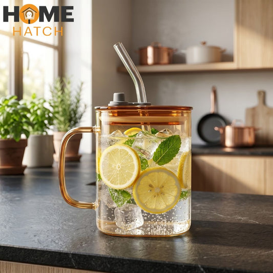 Premium Glass Tumbler with Lid, Glass Straw & Handle – 490ml | Reusable Iced Coffee & Beverage Cup