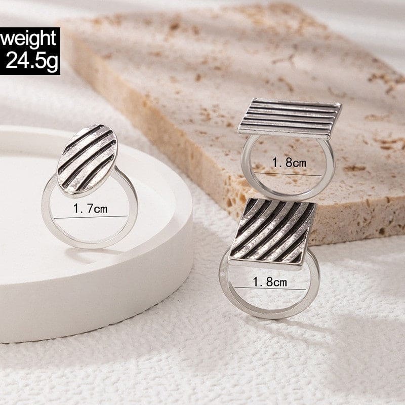 Set Of 3 Geometric Striped Ring, Striped Metal Accent Ring, Silver Black  Big Chunky Midi Ring For Women Jewellery
