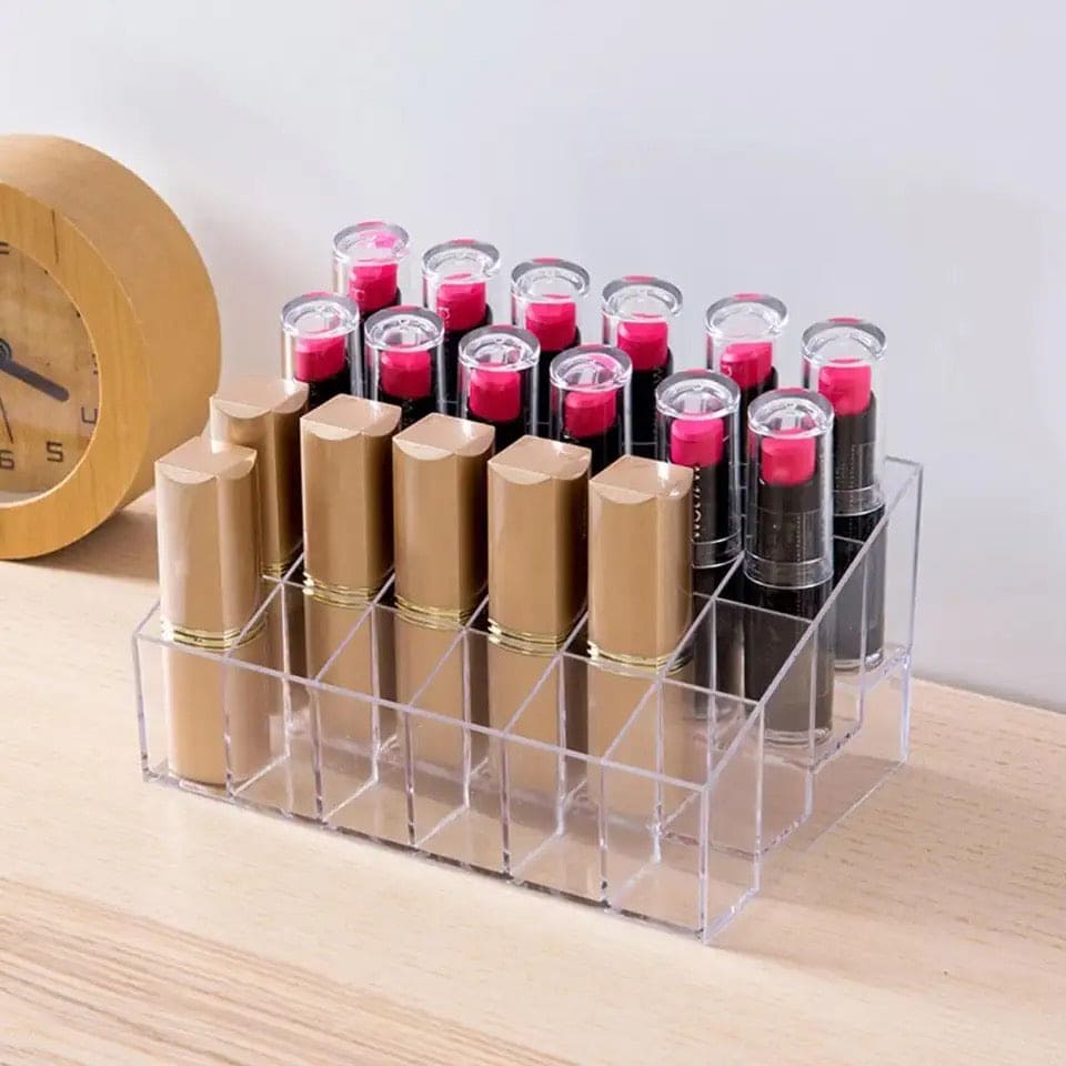 24 Grid Lipstick Holder, Acrylic Lipstick Nail Polish And Jewellery Display Rack, Visible Clear Cosmetic Makeup Brush Stand, Reusable Beauty Organizer, Large Capacity Clear Vanity Versatile Usage Makeup Storage Case