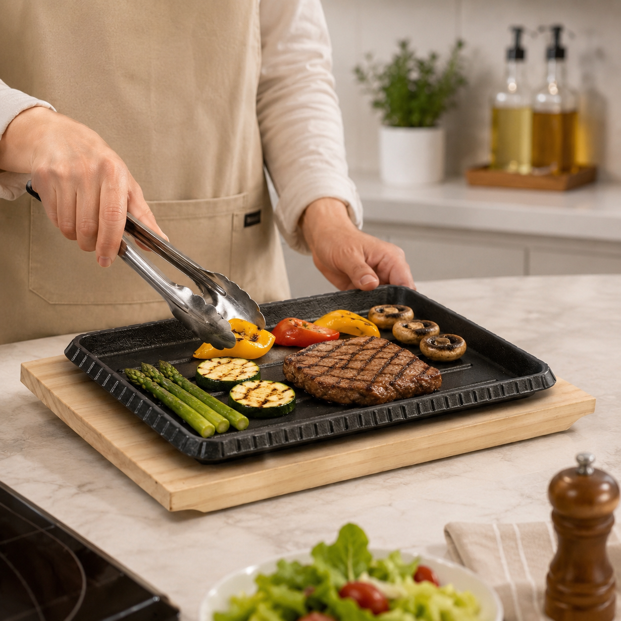 Wooden Base Sizzling Steak Platter, Wooden Base BBQ Grill Tray, BBQ Grill Plate with Heat Resistant Wooden Serving Base, Multi Purpose Grill Plate with Wooden Stand