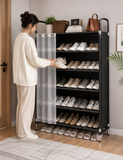 Dustproof Shoe Organizer Shelf with Sliding Curtain Door, Multi Tier Shoe Storage Cabinet, Space Saving Shoe Shelf, Dustproof Shoe Rack Organizer with Side Cover