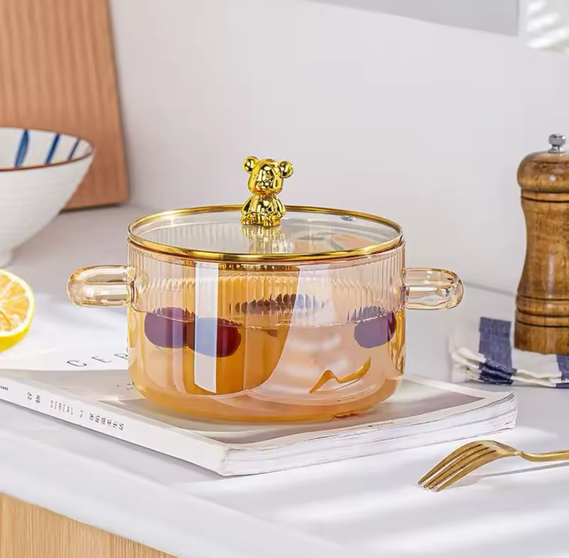 Bear Glass Cooking Pot, Large Capacity High Borosilicate Glass Clear Cooking Pot, Heat Resistant Sauce Pan