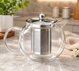 Glass Teapot with Stainless Steel Infuser, Double Wall Glass Tea Infuser Pot, Round Glass Tea Brewing Pot, Transparent Glass Tea Kettle