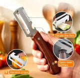 3 In 1 Vegetables Peeler With Wooden Handle, Stainless Steel Scallion Shredder, Multifunctional Vegetable Slicing Peeler, Kitchen Tool