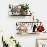 Set Of 2 Versatile Floating Wooden Shelf, Nordic Style Iron Wall Dormitory Stand, Multipurpose Home Organization Rack, Iron Kitchen Bathroom Shelf, Black Wire and Natural Wood Shelf, Home Decorative Hanging Grid Basket, Wall Art Shelve Flower Pot Stand