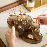 Little Deer Jewellery Organizer, 3 Layer Rotating Necklace Jewelry Box, Light Luxury Heart Desktop Sundries Makeup Organizer, Elegant Decorative Necklace Earrings Bracelet Container, Acrylic Jewelry Display Stand, Large Capacity Striped Box