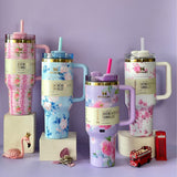 Stainless Steel Flower Design Tumbler With Lid, Vacuum Insulated Car Mug, Thermal Iced Bottle