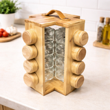 Rotatable Wooden Spice Jar With Handle, Kitchen Masala Rack with Jars Set, Spice Jar Stand, Kitchen Storage Organizer