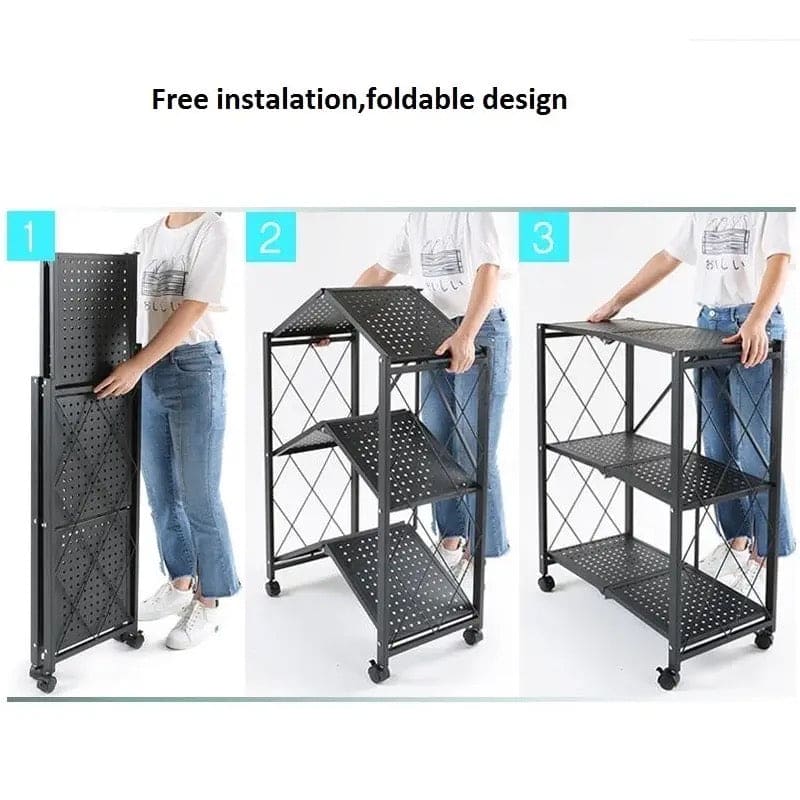 Multi Layer Folding Kitchen Rack, Kitchen Metal Folding Shelves With Wheels, Household Sundries Finishing Balcony Floor Storage Rack, Multi Level Folding Shelves with Wheels, Multifunctional 3 Tier Storage Cart