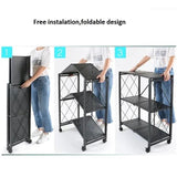 Multi Layer Folding Kitchen Rack, Kitchen Metal Folding Shelves With Wheels, Household Sundries Finishing Balcony Floor Storage Rack, Multi Level Folding Shelves with Wheels, Multifunctional 3 Tier Storage Cart