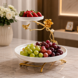 2 Tier Ceramic Cake Stand with Gold Edge, Luxury Two Tier Fruit Stand, Elegant Ceramic Fruit Serving Stand