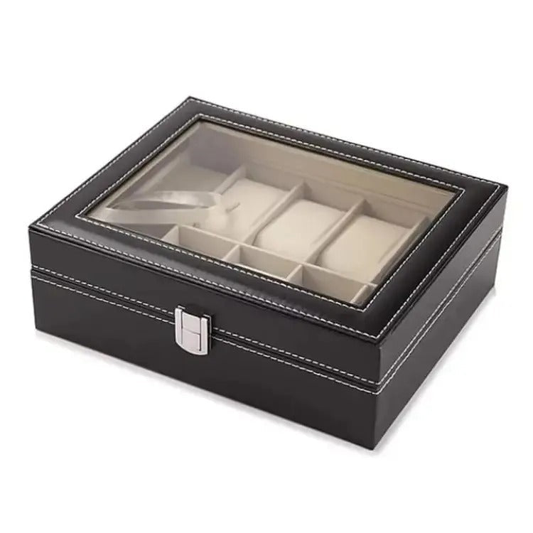 10 Grids PU Leather Watch Box – Quartz Watch Case & Organizer with Glass Display