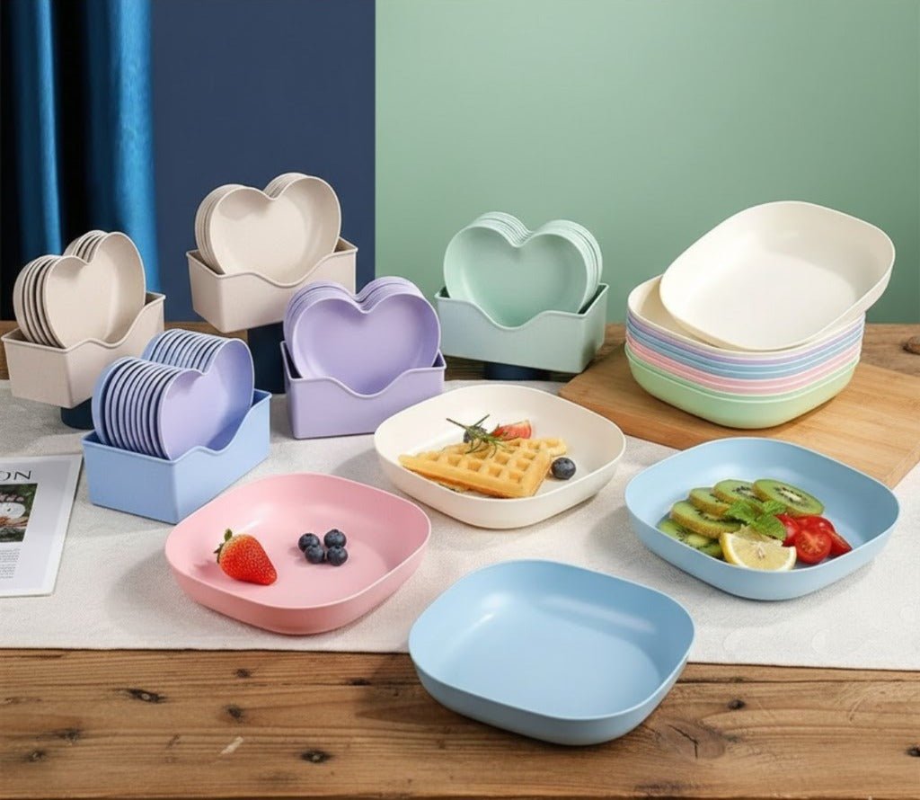 10 Pcs Heart & Oval Wheat Straw Plates Set with Holder – Eco-Friendly (Multi Color)
