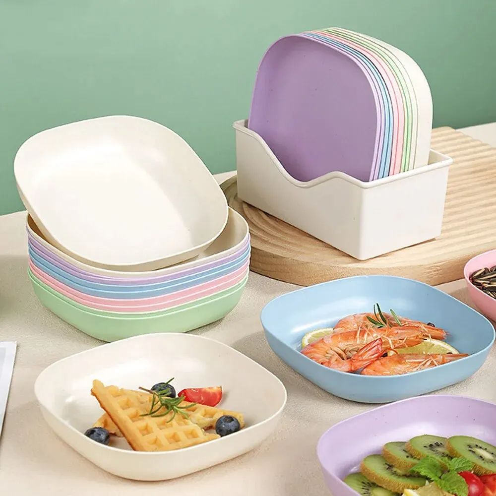 10 Pcs Heart & Oval Wheat Straw Plates Set with Holder – Eco-Friendly (Multi Color)
