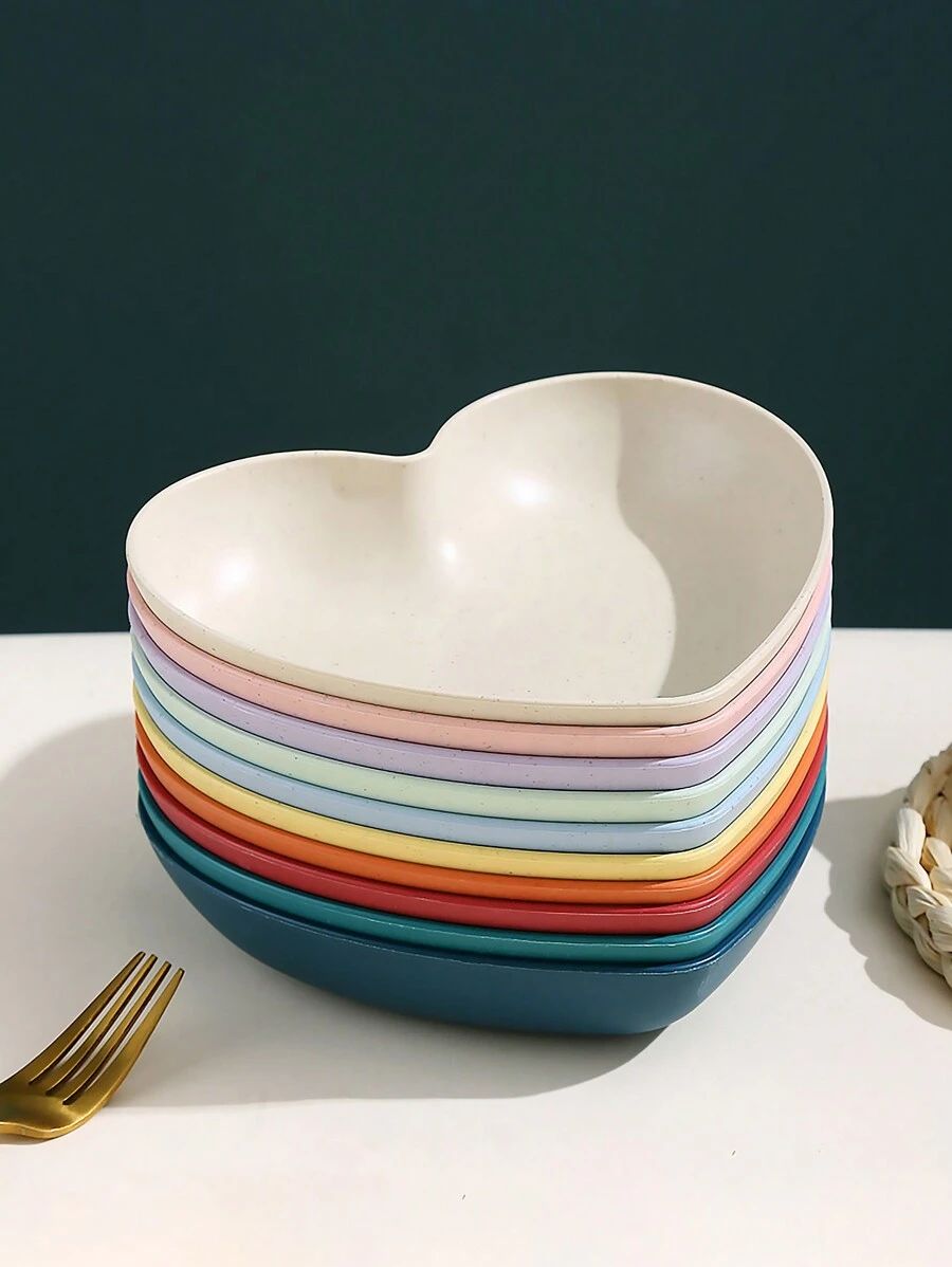 10 Pcs Heart & Oval Wheat Straw Plates Set with Holder – Eco-Friendly (Multi Color)