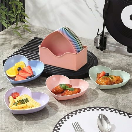 10 Pcs Heart & Oval Wheat Straw Plates Set with Holder – Eco-Friendly (Multi Color)