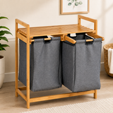 Dual Compartment Laundry Organizer Rack, Wooden Frame Laundry Hamper Organizer, Household Double Section Laundry Hamper