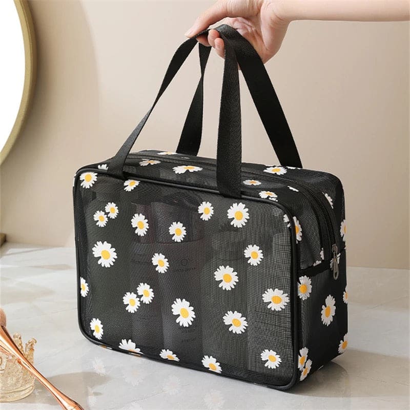 Set Of 2 Daisy Mesh Makeup Bag, Large Capacity Portable Travel Wash Bag, Cute Daisy Pattern Women Zipper Make Up Case, Multipurpose Hot Spring Mesh Bag, Wardrobe Suitcase Pouch