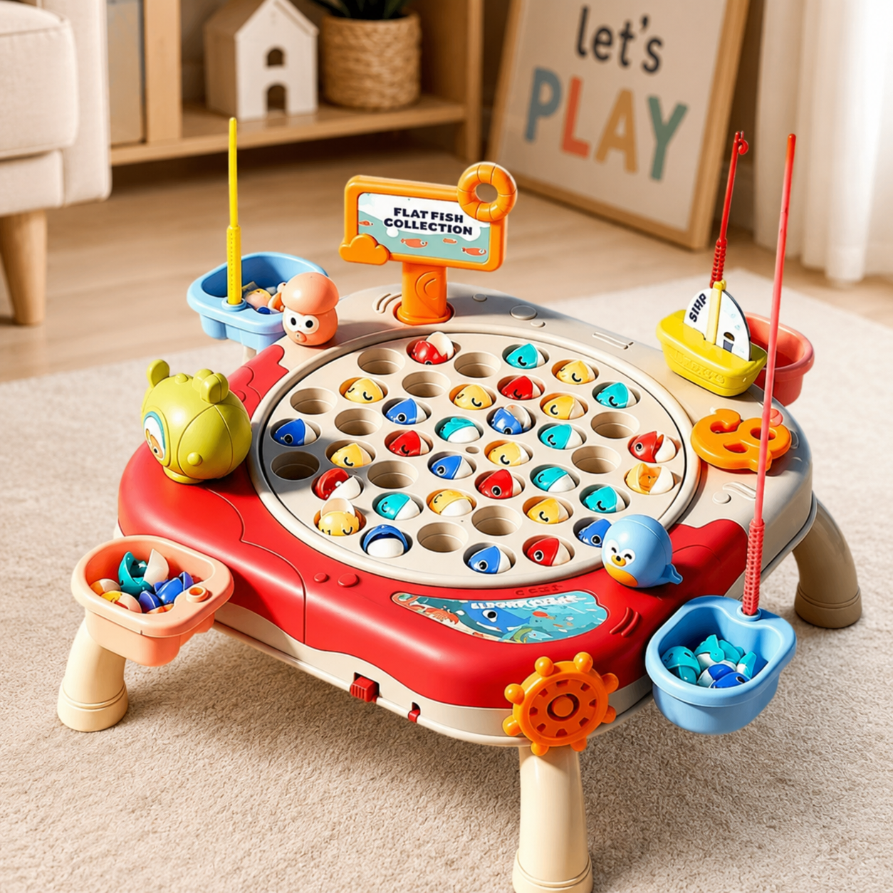 Kids Magnetic Fishing Catching Toy Game, Rotating Fish Catching Toy, Musical Educational Fishing Board Game, Kids Fishing Competition Play Set, Fishing Adventure Game Table for Kids, Educational Magnetic Fish Catching Game