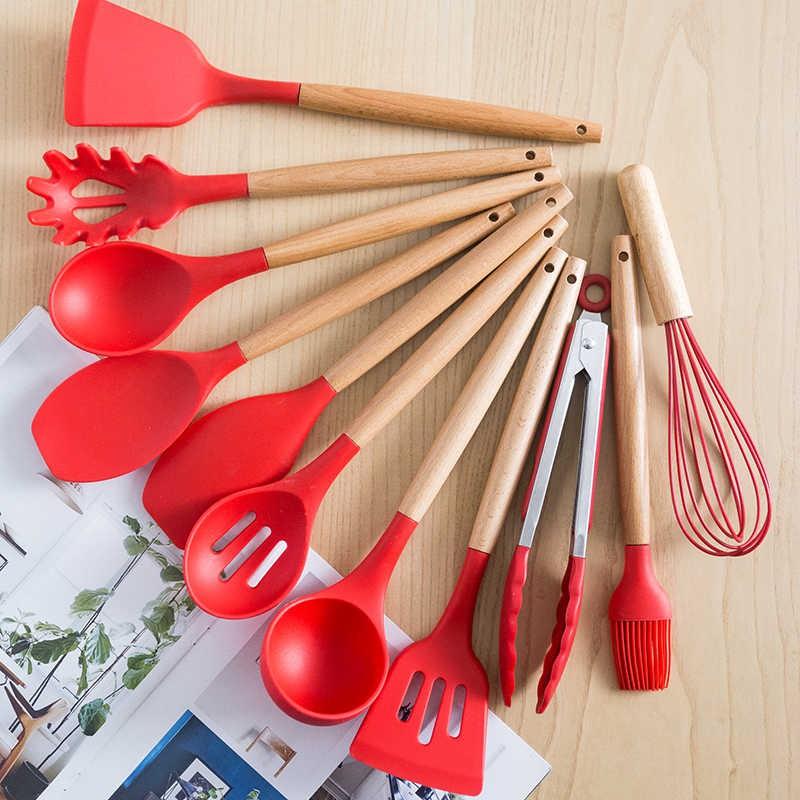 12 Pcs Silicone Kitchen Utensil Set – Heat Resistant Non‑Stick Cooking Tools with Wooden Handles