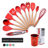12 Pcs Silicone Kitchen Utensil Set – Heat Resistant Non‑Stick Cooking Tools with Wooden Handles