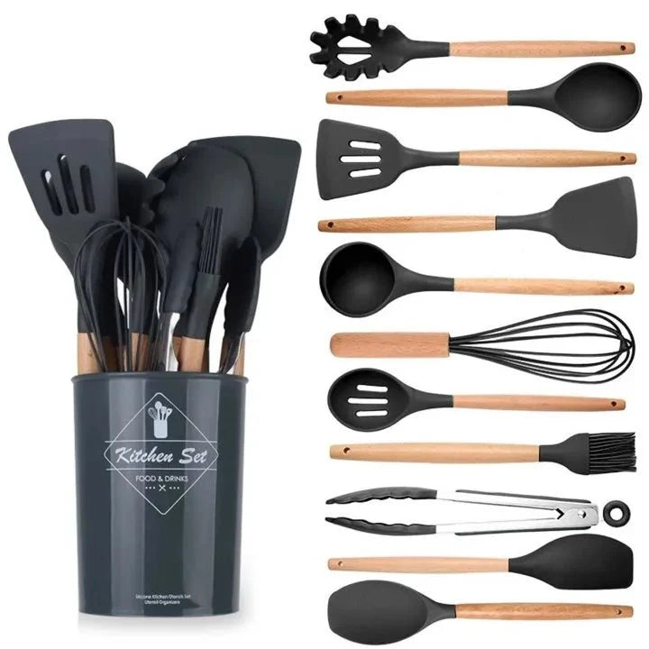 12 Pcs Silicone Kitchen Utensil Set – Heat Resistant Non‑Stick Cooking Tools with Wooden Handles