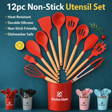 12 Pcs Silicone Kitchen Utensil Set – Heat Resistant Non‑Stick Cooking Tools with Wooden Handles