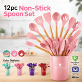 12 Pcs Silicone Kitchen Utensil Set – Heat Resistant Non‑Stick Cooking Tools with Wooden Handles