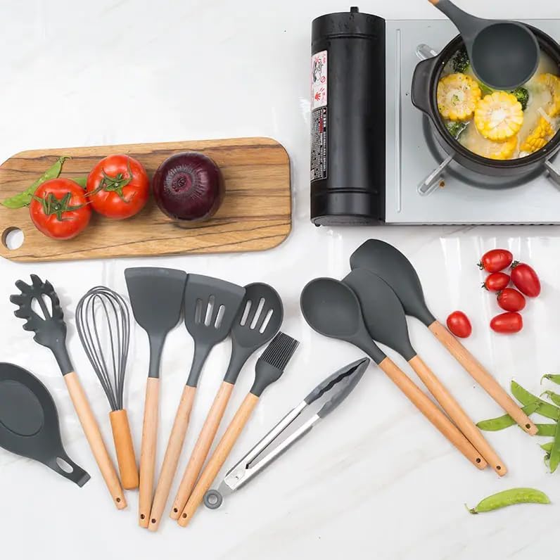 12 Pcs Silicone Kitchen Utensil Set – Heat Resistant Non‑Stick Cooking Tools with Wooden Handles