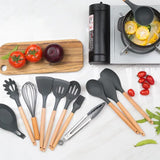 12 Pcs Silicone Kitchen Utensil Set – Heat Resistant Non‑Stick Cooking Tools with Wooden Handles