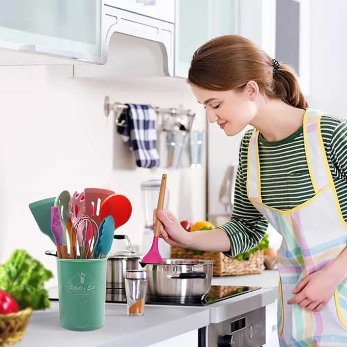 12 Pcs Silicone Kitchen Utensil Set – Heat Resistant Non‑Stick Cooking Tools with Wooden Handles