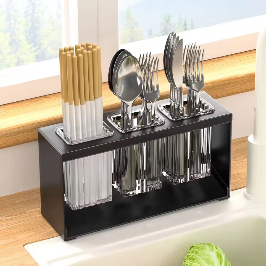 Acrylic Cutlery Holder With Metal Stand, Multi Grid Kitchen Cutlery Storage Organizer, Makeup Brush Organizer, Bathroom Toiletries Holder