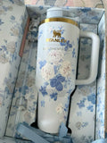 Floral 40oz / 1.18L Stainless Steel Vacuum Insulated Tumbler with Handle & Bow Straw | Gift Packaging