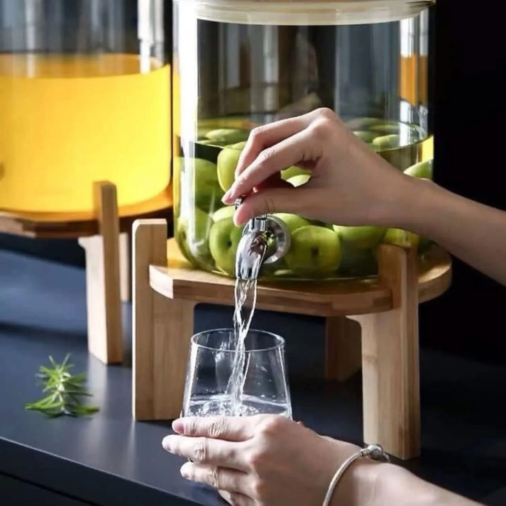 Glass Beverage Dispenser With Wooden Lid, Elegant Juice Dispenser, Tabletop Beverage And Water Dispenser