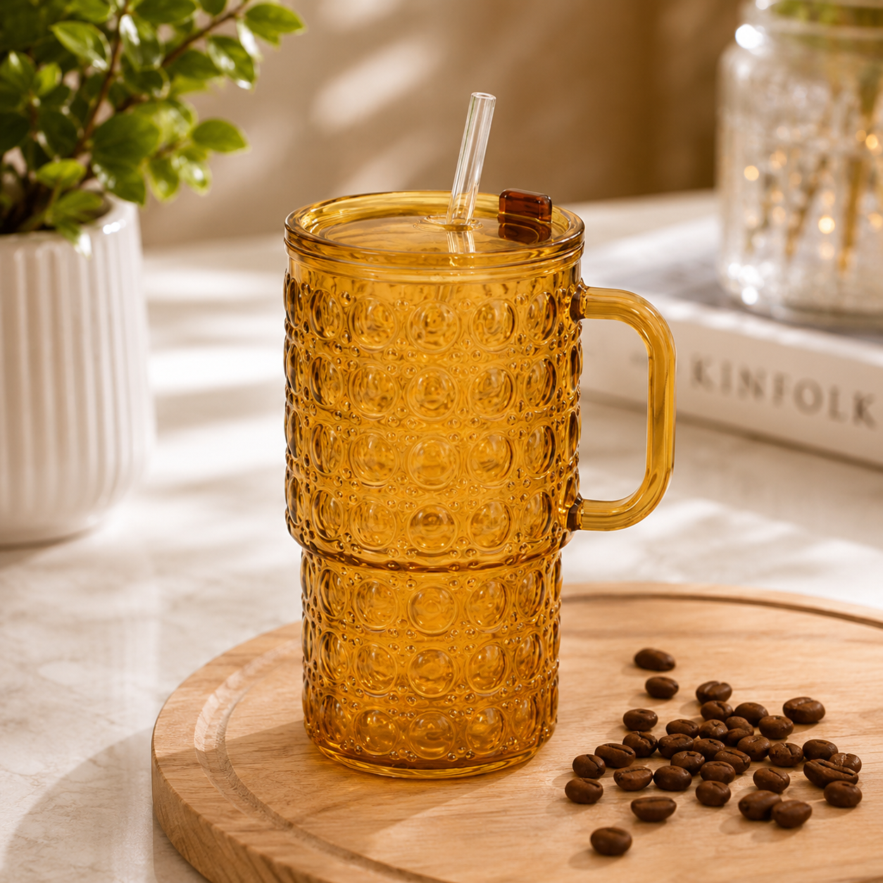 Durable Transparent Glass Water Cup With Handle, Diamond Pattern Glass Drinking Cup, Portable Large Capacity Glass Straw Cup