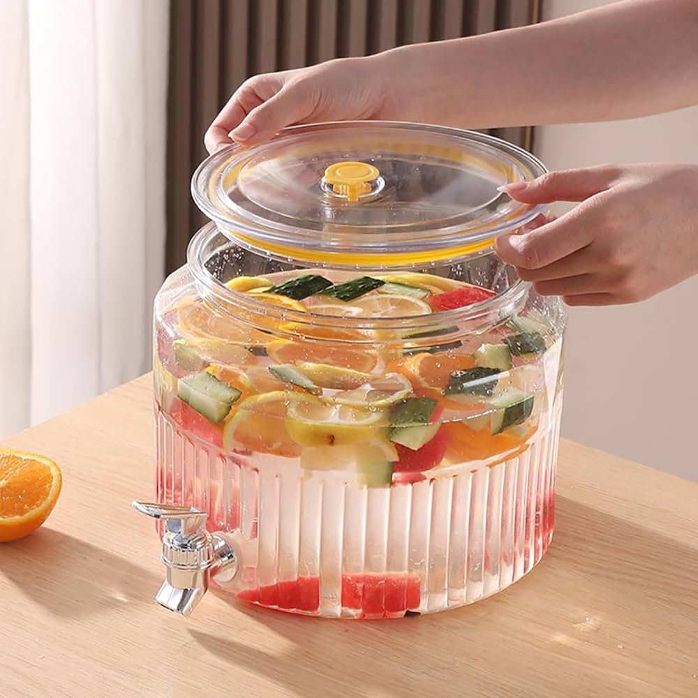 Acrylic Round Juice Container, Pot Beverage Dispenser, Fridge Juice Dispenser, Buffet Beverage Container, Juice Dispenser