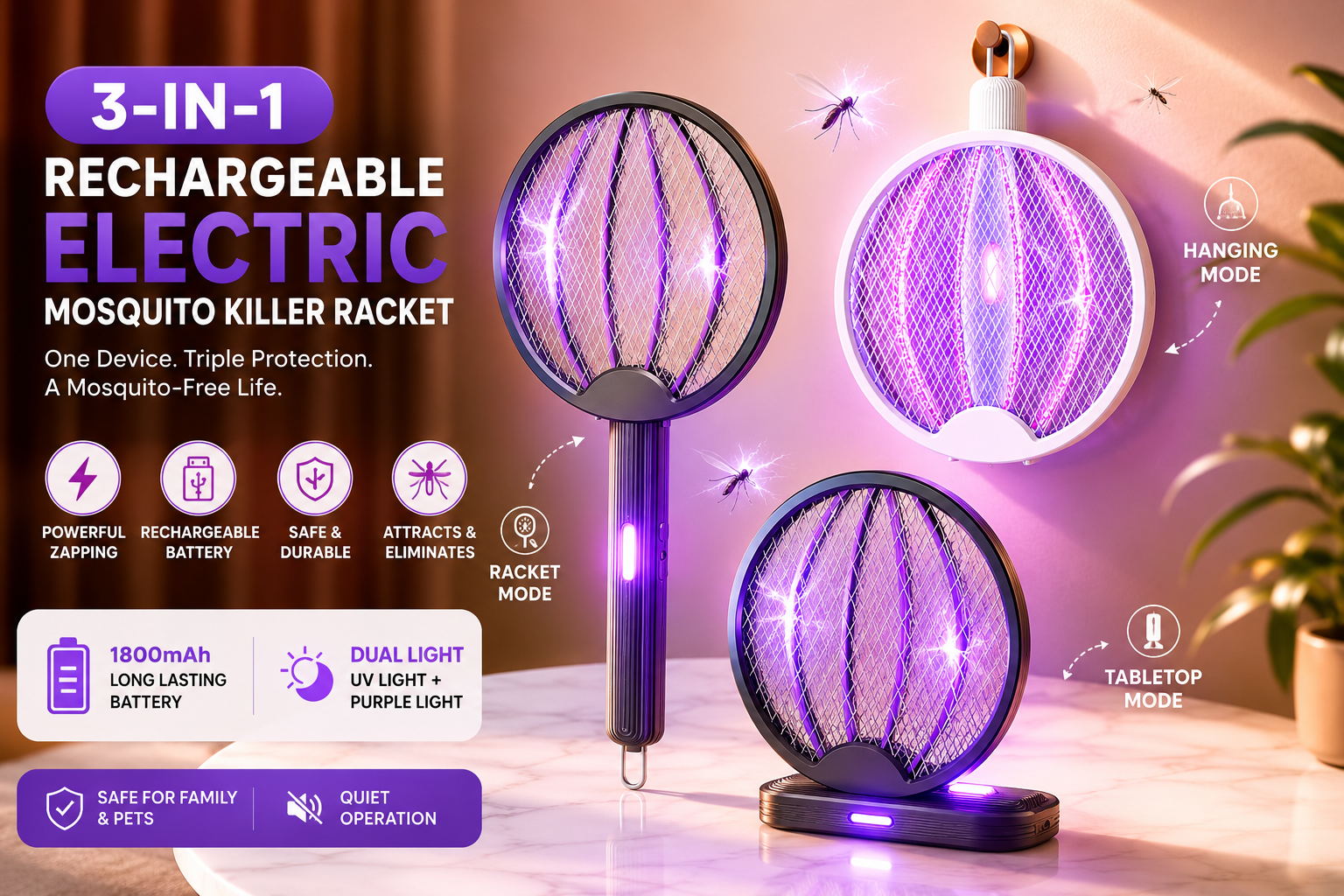 3-in-1 Rechargeable Electric Mosquito Killer Racket