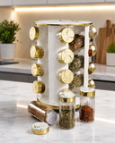 Marble Finish Spice Jar Stand, Modern Rotating Seasoning Organizer, Gold Marble Spice Storage Tower