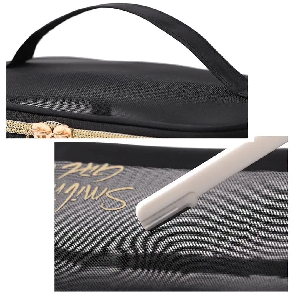 Black Mesh Cosmetic Bag, Transparent Travel Zipper Pouch, Women Beauty Case, Smiling Girl Cosmetic Bag, Travel Storage Bag,  Toiletry Bags Makeup Pouch, Fashion Makeup Small Pouch For Women, Multifunctional Large Capacity Toiletry Hand Bag