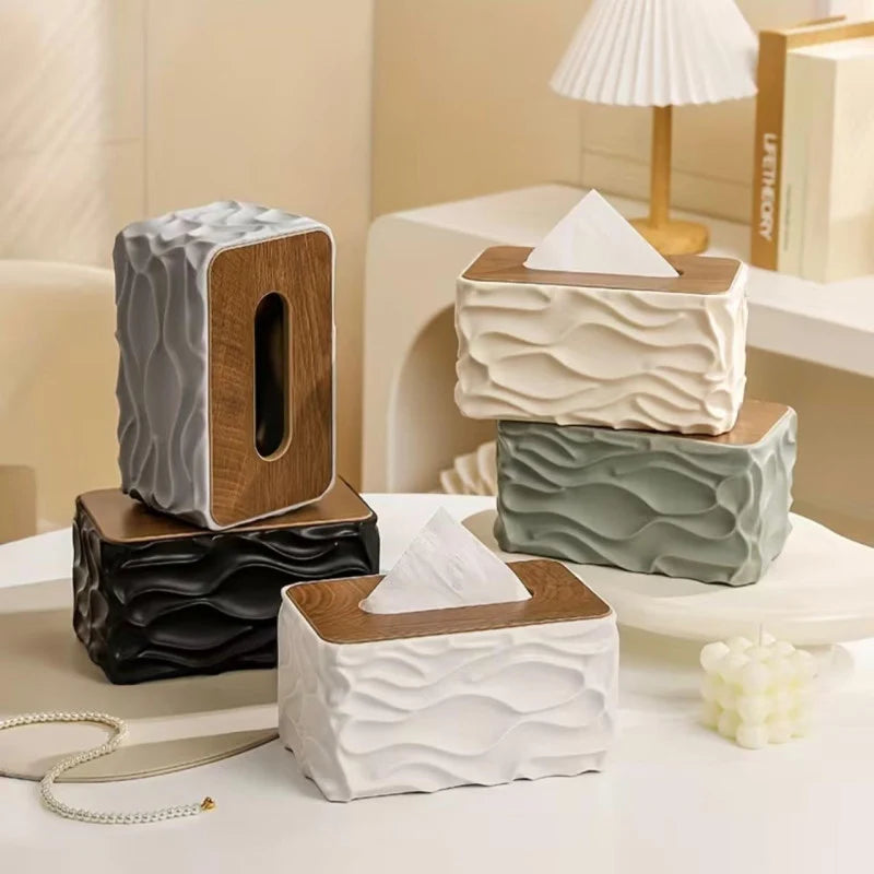 1pc Rectangular Tissue Box Cover, Minimalist Wave Pattern Design With Natural Wooden Lid, Perfect For Bathroom, Kitchen, Living Room, Bedroom Tissue Storage Box