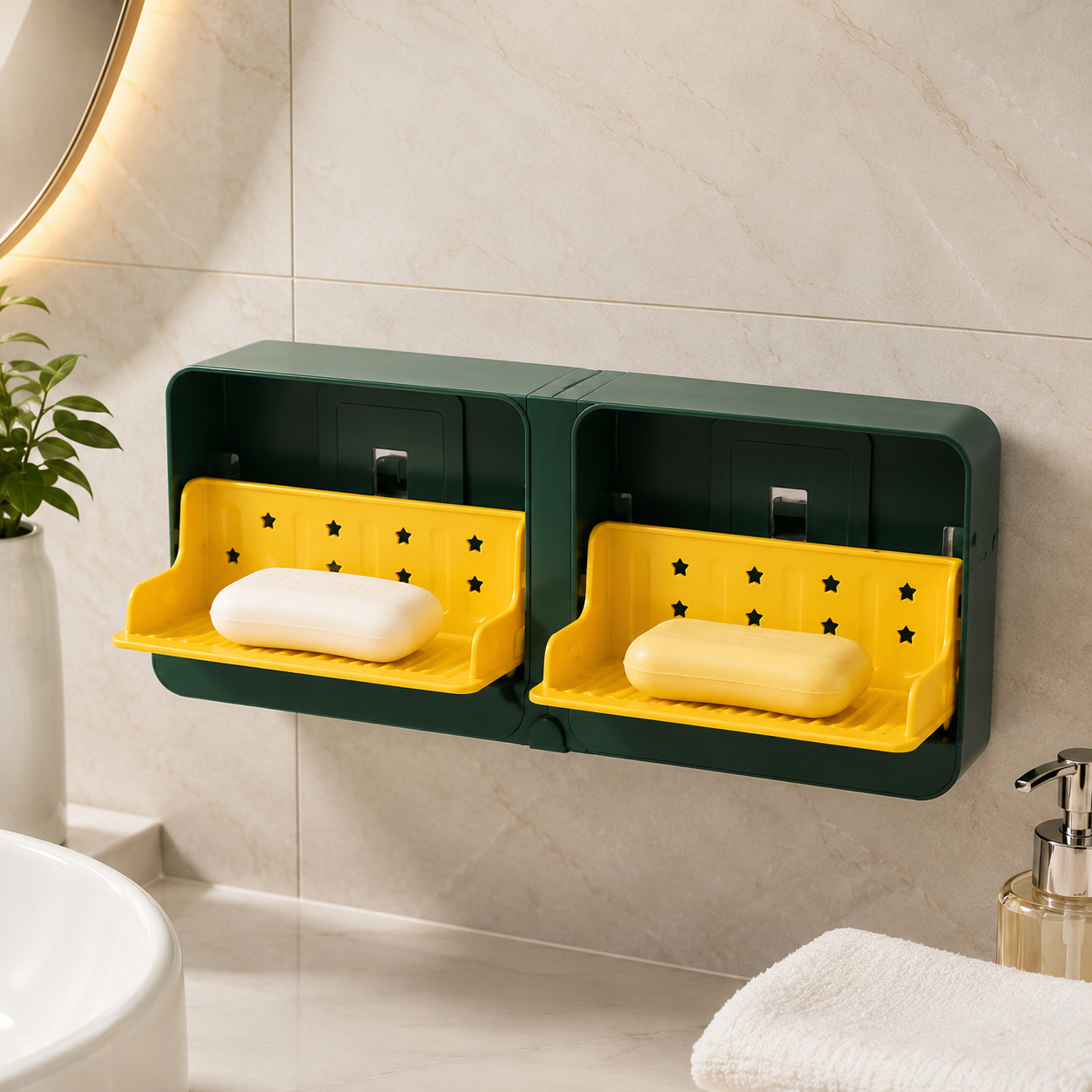 Wall Mounted Double Grid Soap  Holder With Drain Tray, Multifunctional Punch Free Vertical Soap Box, Self Adhesive Waterproof Soap Organizer