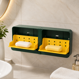 Wall Mounted Double Grid Soap  Holder With Drain Tray, Multifunctional Punch Free Vertical Soap Box, Self Adhesive Waterproof Soap Organizer