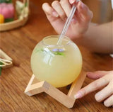 Round Unique Design Ball Shape Glass Cup, Crystal Round Ball Beverage Cup With Wooden Stand, Unique Shape Glass Straw Cup