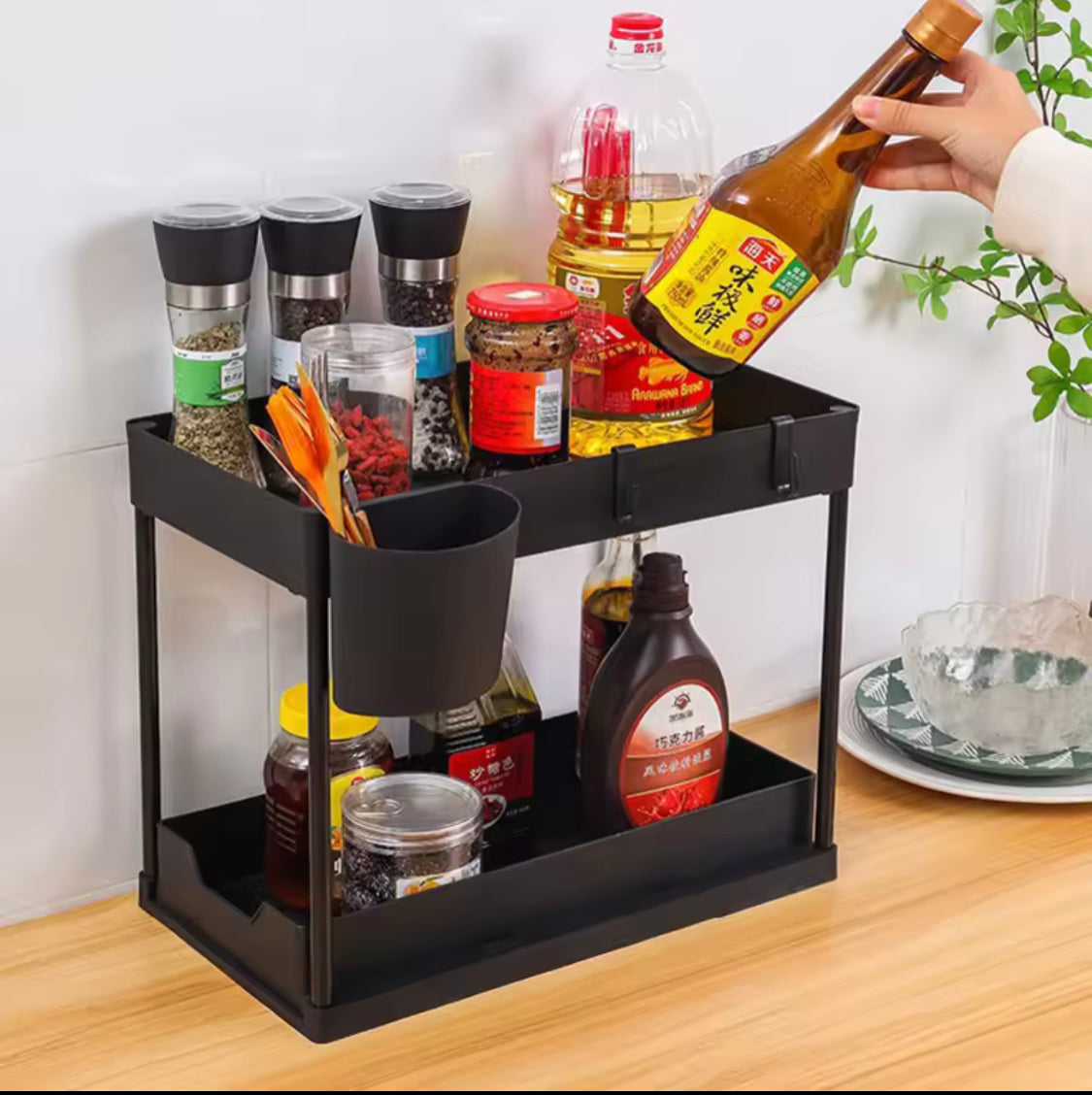 Double Deck Pull Out Organizer, 2 Tier Under Sink Organizer, Organizer Storage Rack With Hooks Hanging