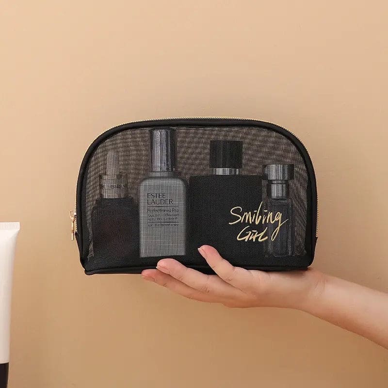 Black Mesh Cosmetic Bag, Transparent Travel Zipper Pouch, Women Beauty Case, Smiling Girl Cosmetic Bag, Travel Storage Bag,  Toiletry Bags Makeup Pouch, Fashion Makeup Small Pouch For Women, Multifunctional Large Capacity Toiletry Hand Bag