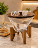 Wooden Stand Glass Salad Bowl, Luxury Glass Salad Serving Bowl, Elegant Glass Salad Bowl With Wooden Base