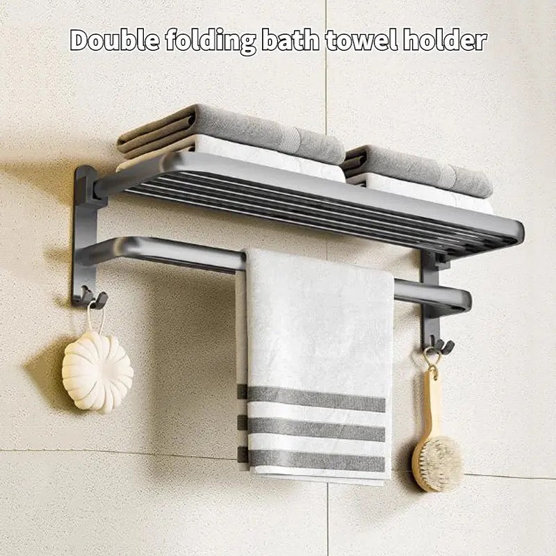 Double Folding Bath Towel Holder, Wall Matte Black Towel Rack, Bath Accessories Organizer, Self Adhesive Towel Bar, Aluminum Alloy Towel Rack, Kitchen Bathroom Shelves with Double Bar, Multifunction Double Towel Bracket
